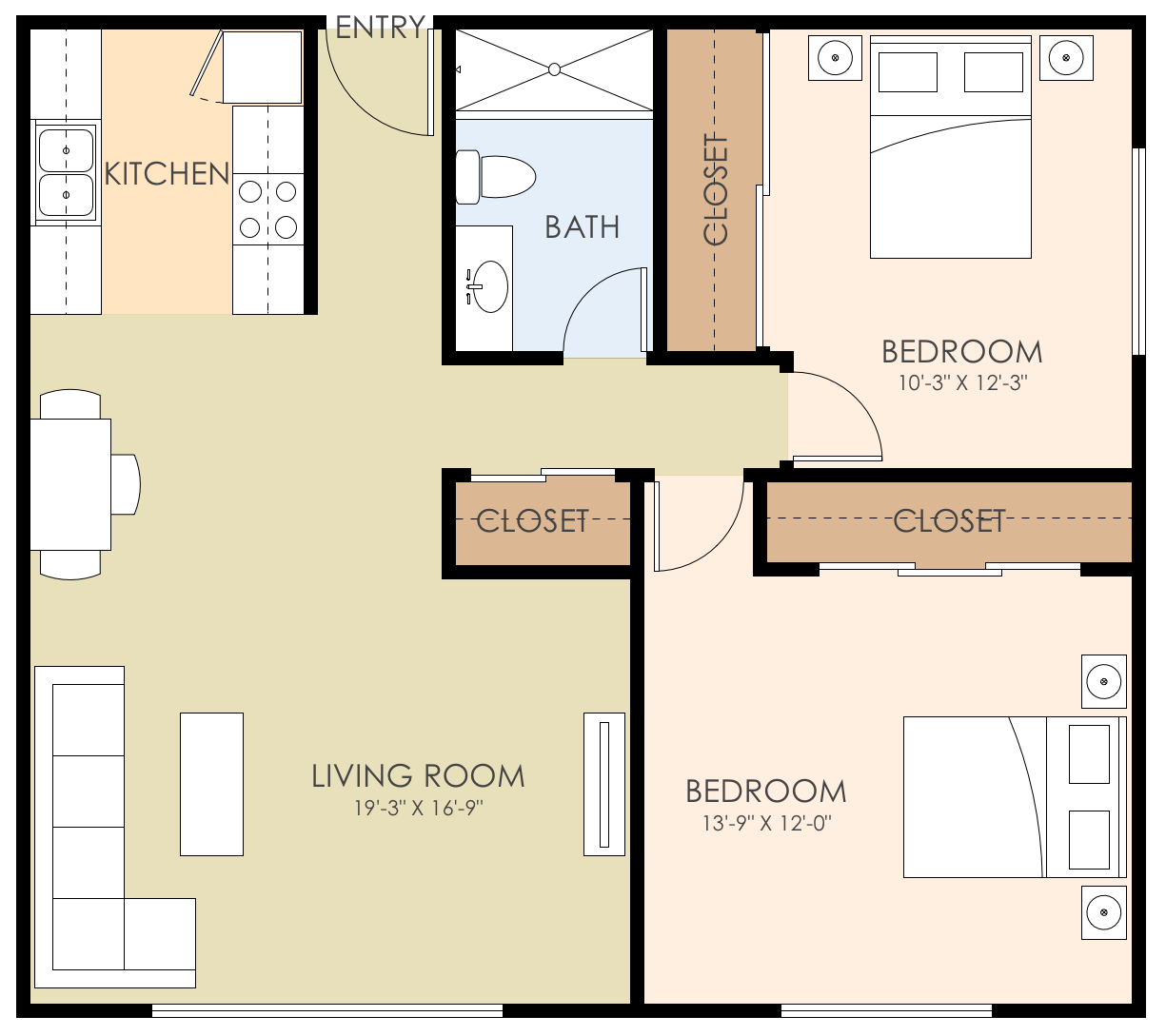 Floor plan for 2 beds, 1 bath
